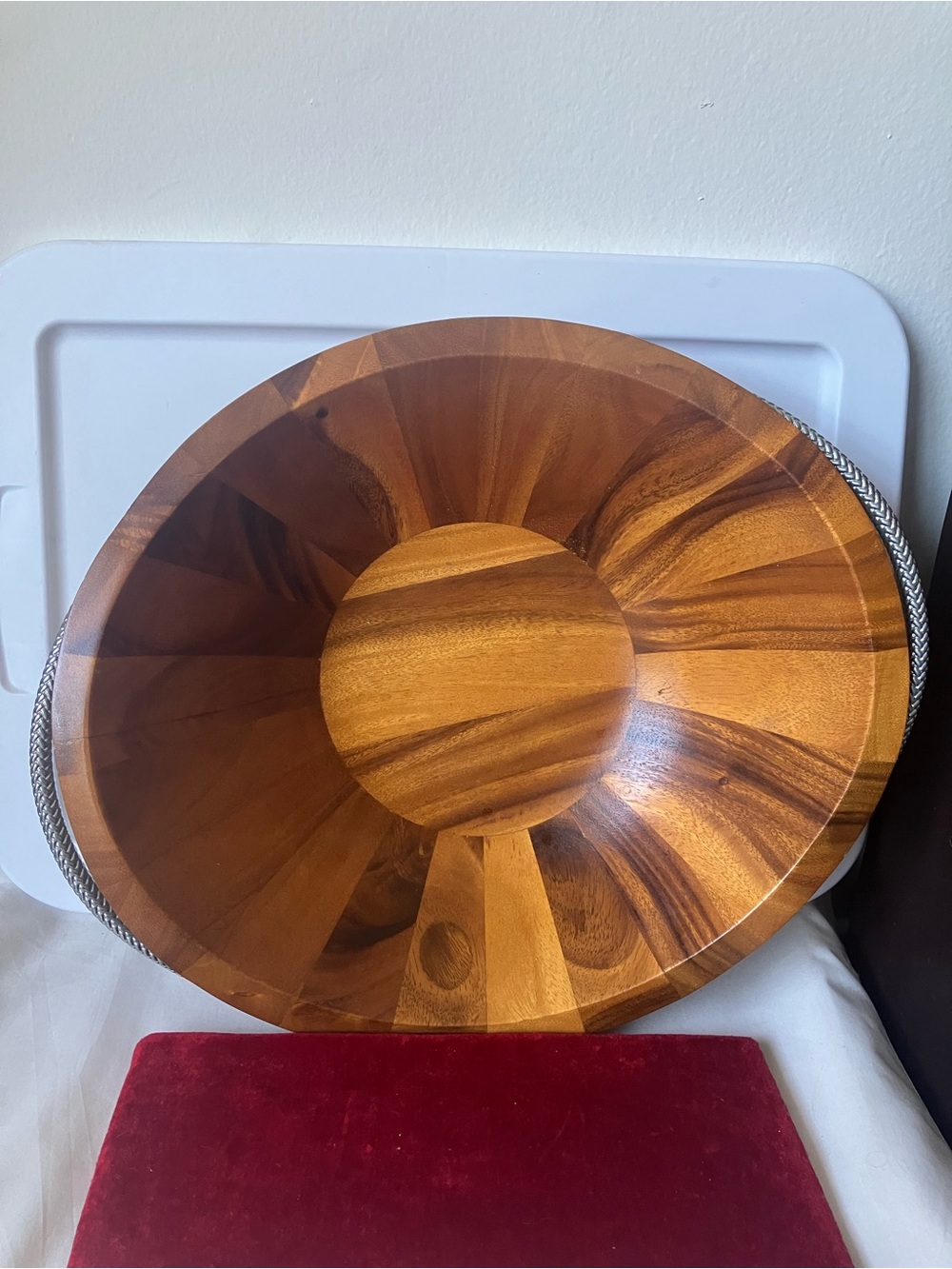 Nambe Braid Collection Large Oval Acacia Wood Handled Salad Serving Bowl USED.